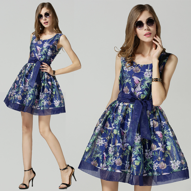 2015SummerVintageFlowerPrintDrawstringWaistPetiteDressFluffySleevelessDress-DFE050336BU