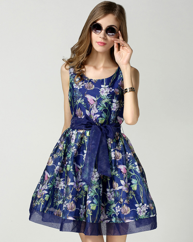 2015SummerVintageFlowerPrintDrawstringWaistPetiteDressFluffySleevelessDress-DFE050336BU