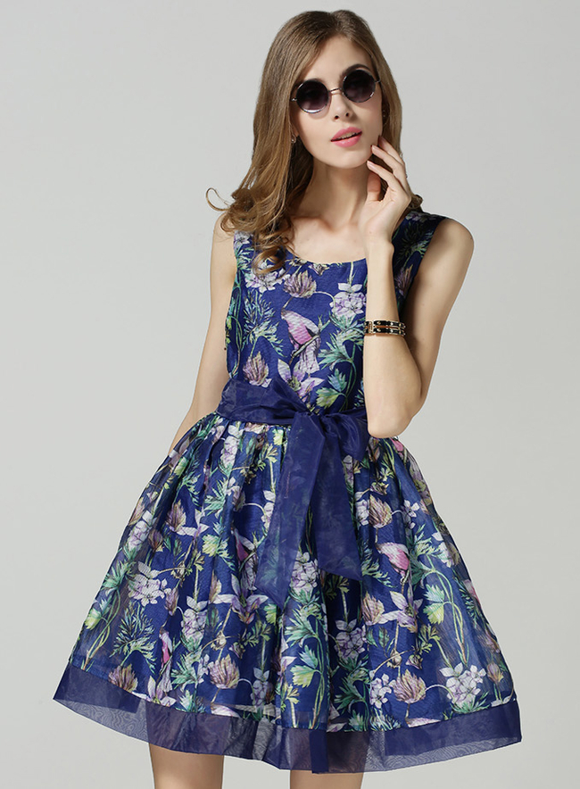 2015SummerVintageFlowerPrintDrawstringWaistPetiteDressFluffySleevelessDress-DFE050336BU