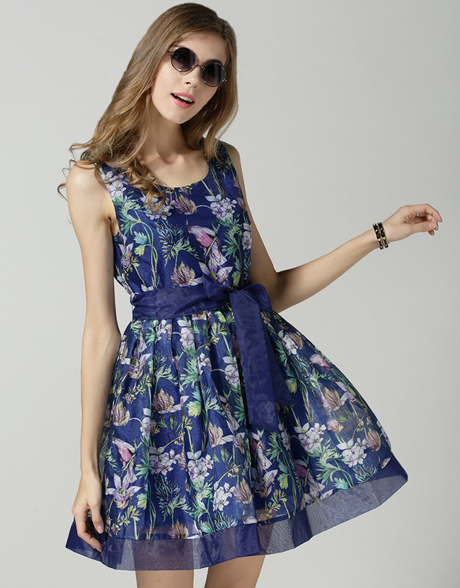 2015SummerVintageFlowerPrintDrawstringWaistPetiteDressFluffySleevelessDress-DFE050336BU