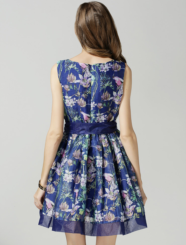 2015SummerVintageFlowerPrintDrawstringWaistPetiteDressFluffySleevelessDress-DFE050336BU