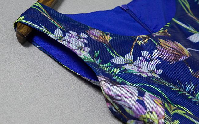 2015SummerVintageFlowerPrintDrawstringWaistPetiteDressFluffySleevelessDress-DFE050336BU