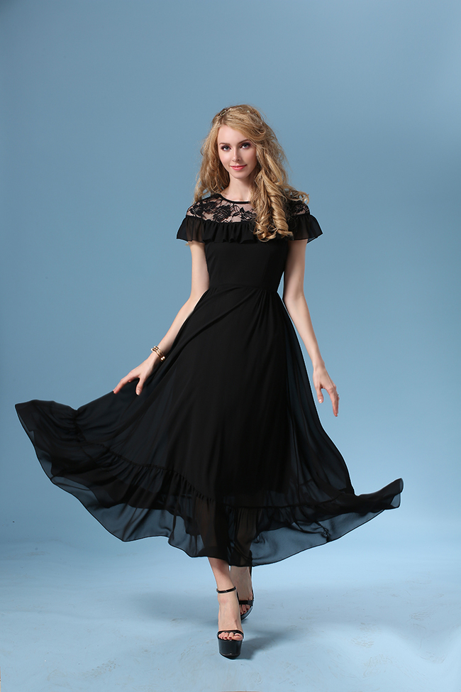 2015SummerWomenlyBlackShortSleeveLiningSplitJointChiffonDress-XME052115BA