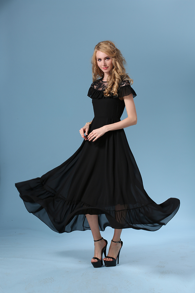 2015SummerWomenlyBlackShortSleeveLiningSplitJointChiffonDress-XME052115BA