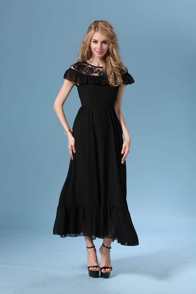 2015SummerWomenlyBlackShortSleeveLiningSplitJointChiffonDress-XME052115BA