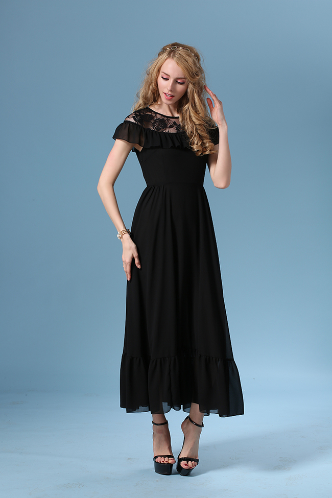 2015SummerWomenlyBlackShortSleeveLiningSplitJointChiffonDress-XME052115BA