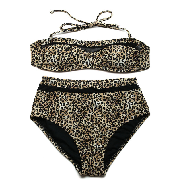 2015WildSexyWomenLeopardHighWaistGauzeSplitTrianglePantSwimsuit-ZME041345