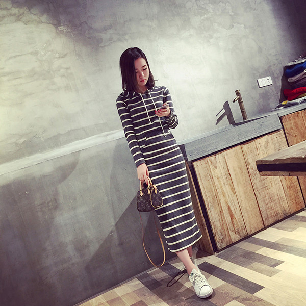 2016AutumnStripedHoodiesBodyconCasualDress-AFK091204