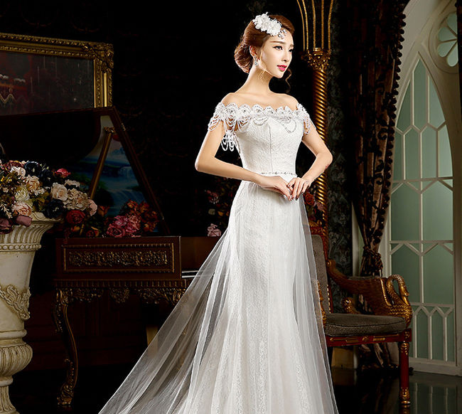 A-lineWhiteLaceRhinestoneChapelTrainBridalGown-XME090427WI