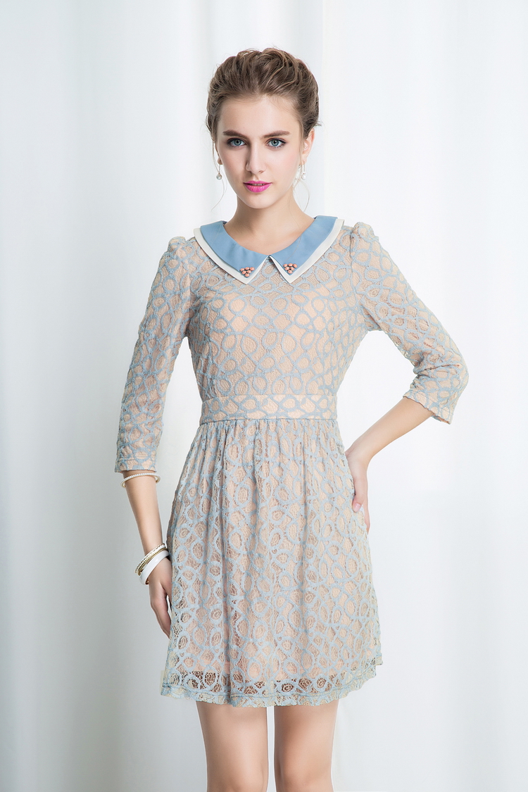 AdorableFeminineDollCollarLaceDiamondPatchworkThree-quarterSleeveDress-FR101305LB