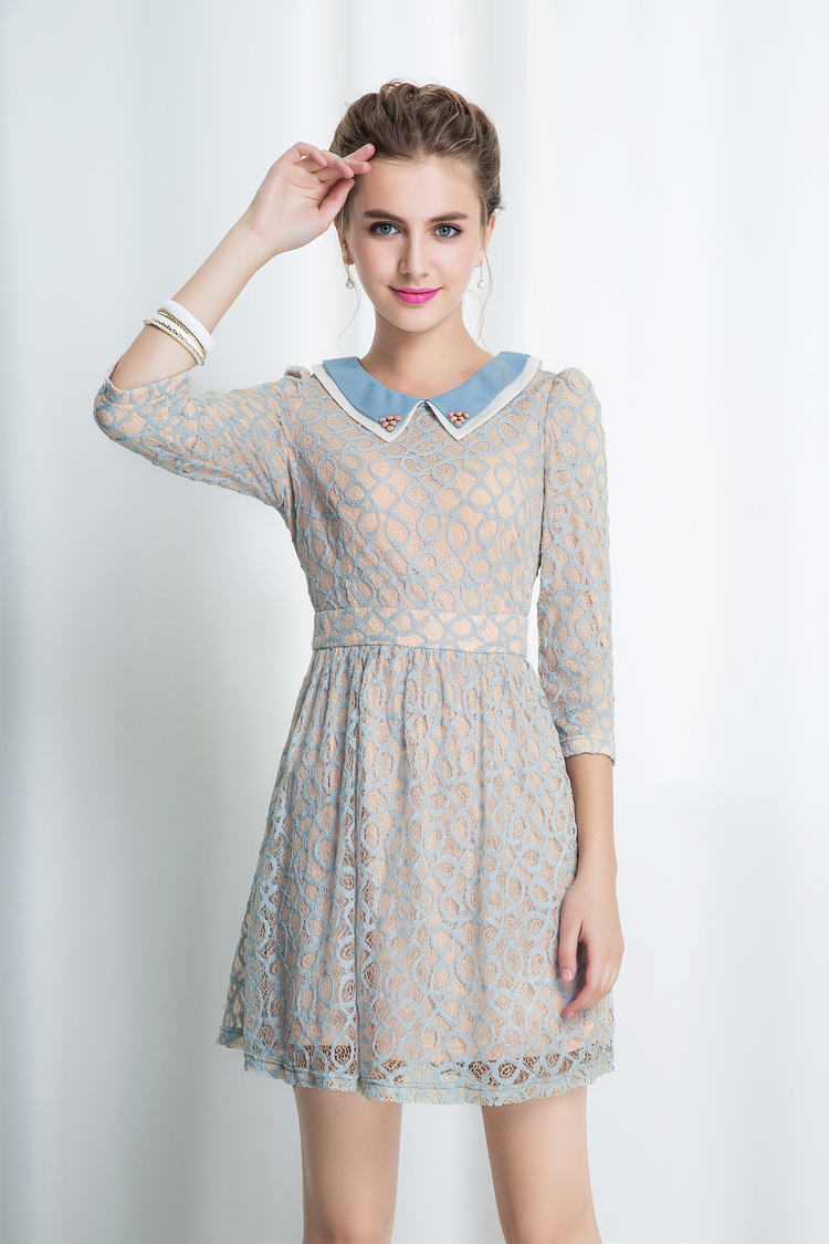 AdorableFeminineDollCollarLaceDiamondPatchworkThree-quarterSleeveDress-FR101305LB