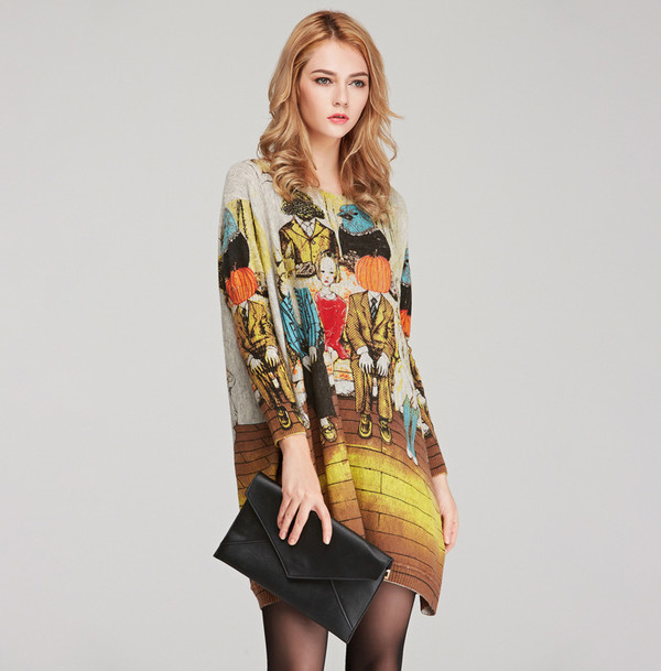 AllMatchOversizePrintedLongWomenKnittingBlouse-HK080308