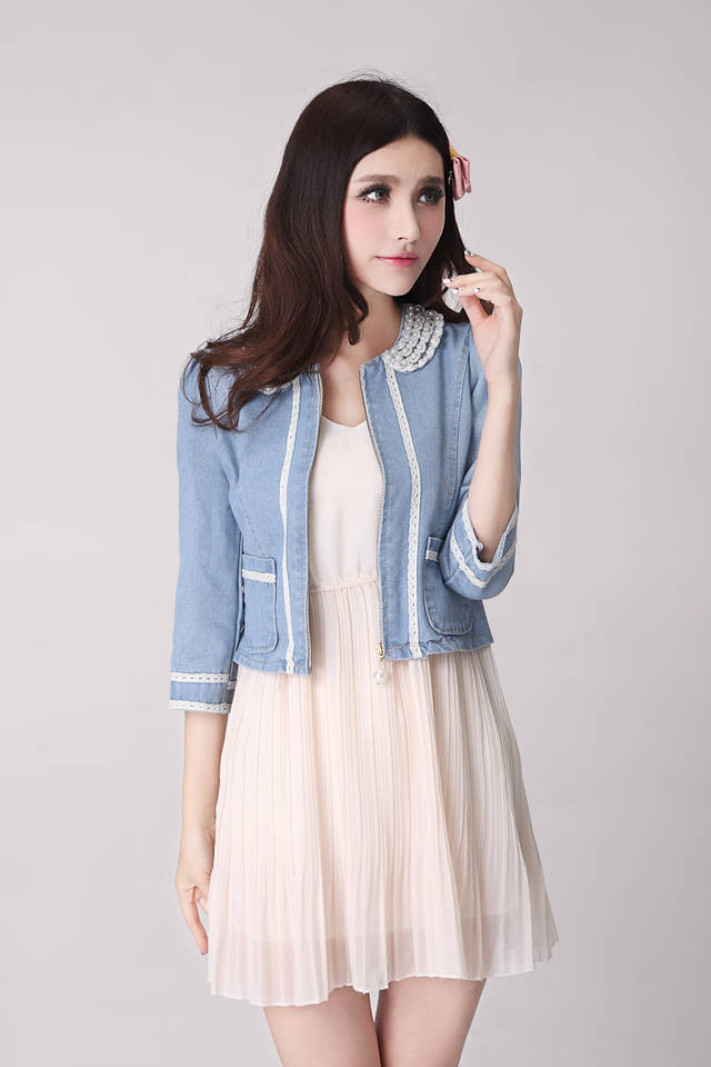 AutumnFashionPearlsLaceDetailZipperDenimCoat-XR072020