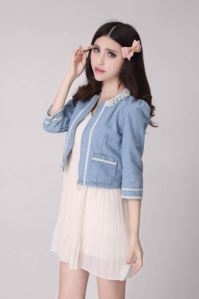 AutumnFashionPearlsLaceDetailZipperDenimCoat-XR072020