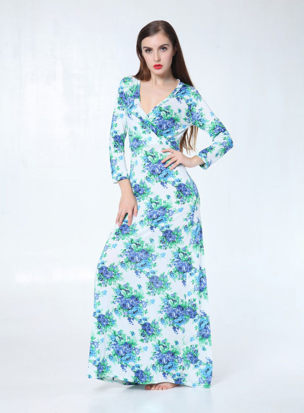 BeachDesignLongSleeveVNeckFloralPrintSlimmingMaxiDress-XFE090249