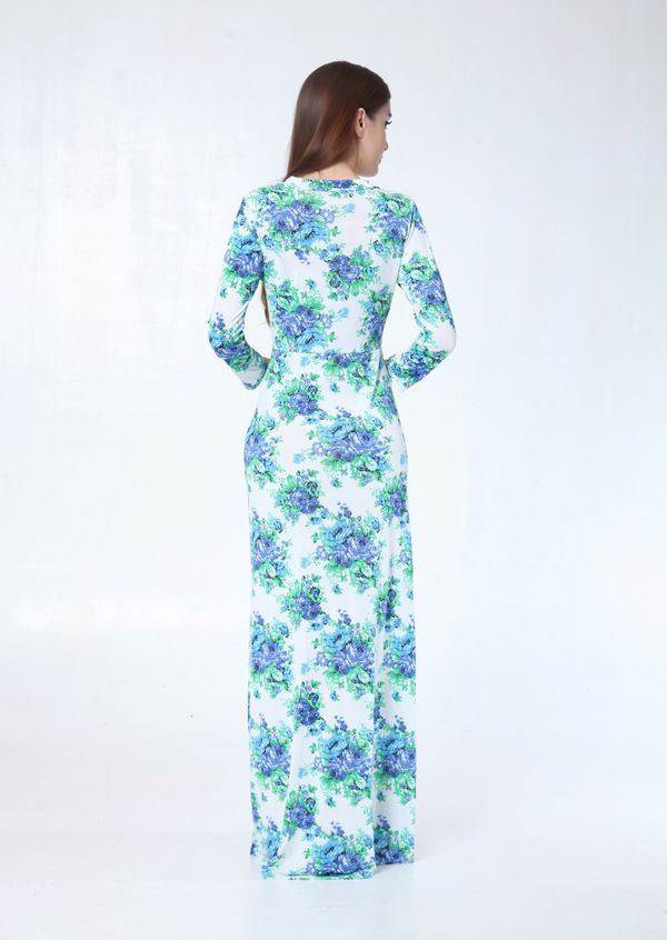 BeachDesignLongSleeveVNeckFloralPrintSlimmingMaxiDress-XFE090249