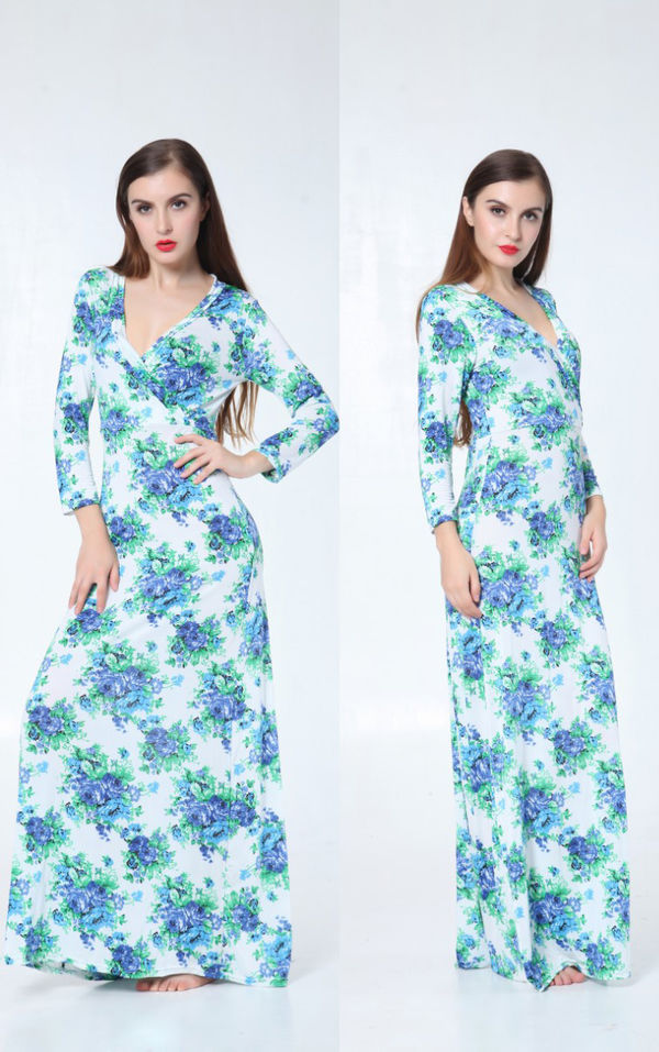 BeachDesignLongSleeveVNeckFloralPrintSlimmingMaxiDress-XFE090249