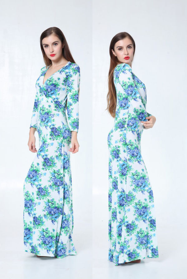 BeachDesignLongSleeveVNeckFloralPrintSlimmingMaxiDress-XFE090249