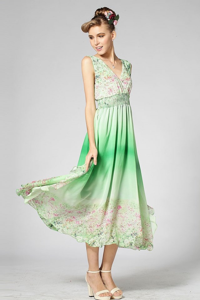 BeachStyleV-neckElasticWaistFloralPrintGradientColorChiffonDressCoastDress-DFE072018GE