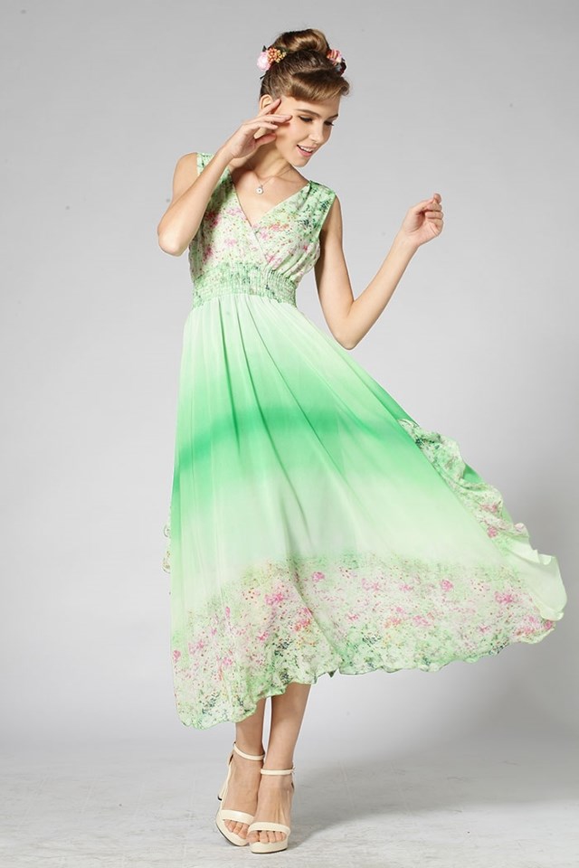 BeachStyleV-neckElasticWaistFloralPrintGradientColorChiffonDressCoastDress-DFE072018GE