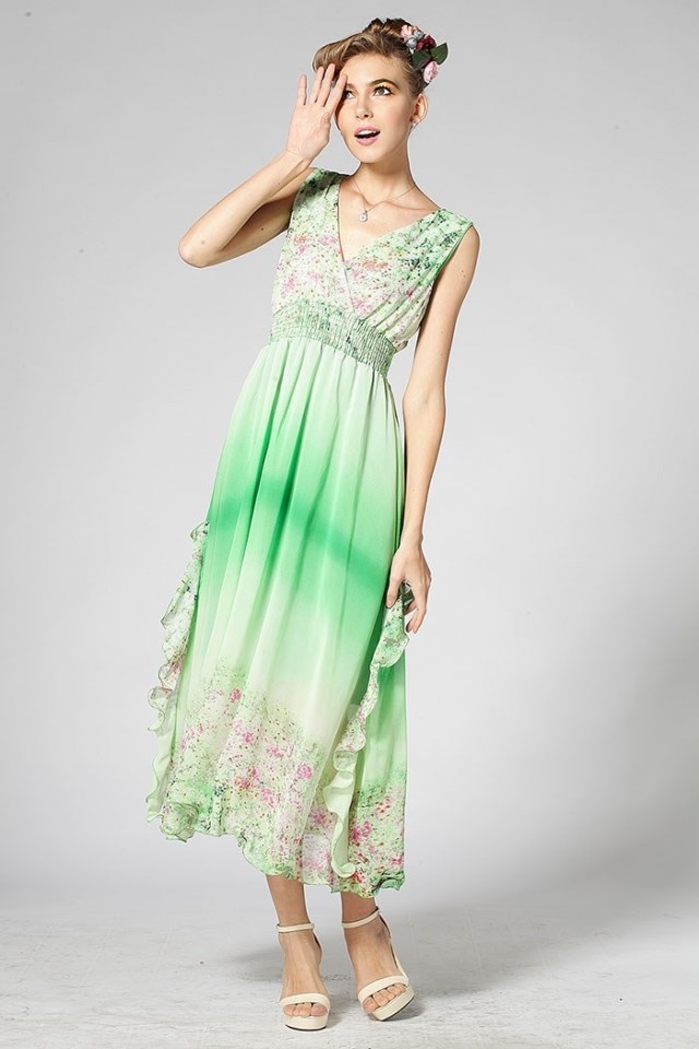BeachStyleV-neckElasticWaistFloralPrintGradientColorChiffonDressCoastDress-DFE072018GE