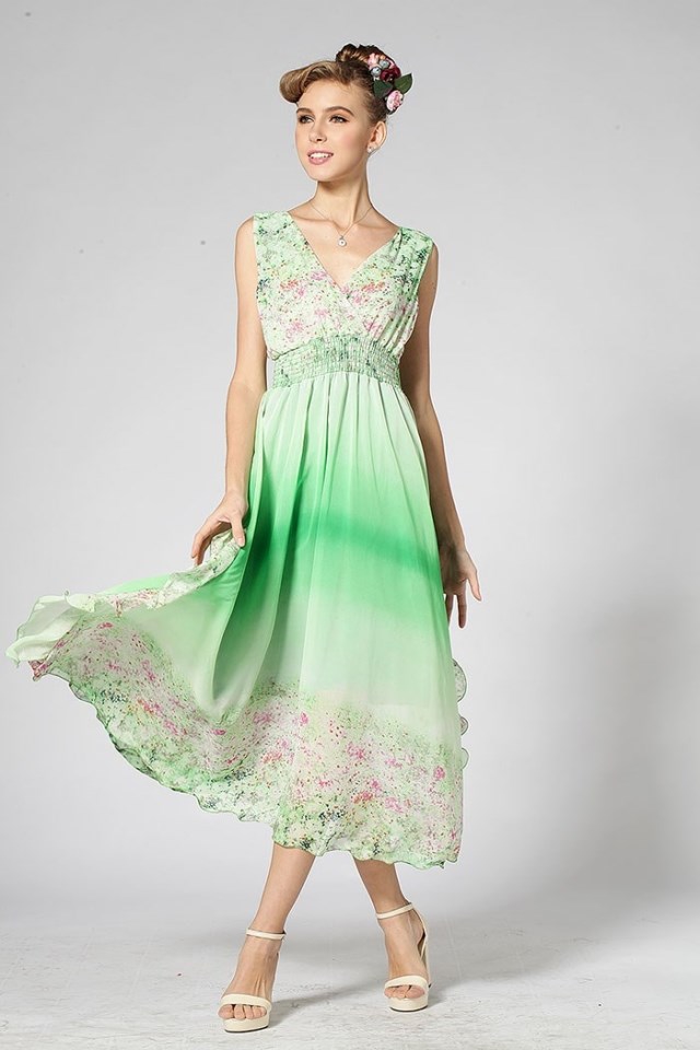 BeachStyleV-neckElasticWaistFloralPrintGradientColorChiffonDressCoastDress-DFE072018GE
