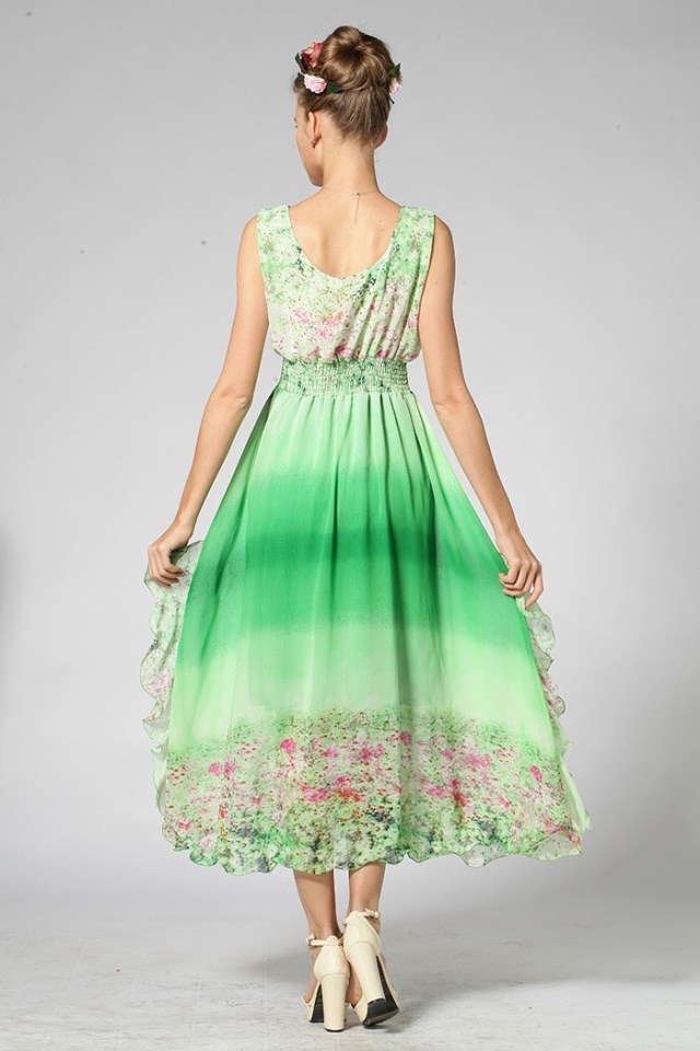 BeachStyleV-neckElasticWaistFloralPrintGradientColorChiffonDressCoastDress-DFE072018GE