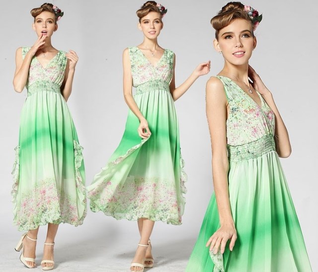 BeachStyleV-neckElasticWaistFloralPrintGradientColorChiffonDressCoastDress-DFE072018GE