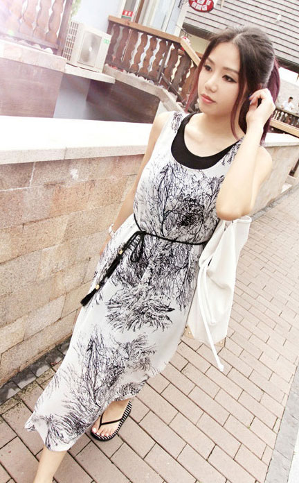 BeautifulInkFlowerPrintingCrewNeckSleevelessCoastDressWithCamisole-DFE051808