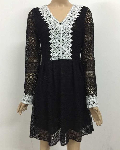 BestSellingBlackLacinessHollowOutStylishVNeckLongSleeveMiniDress-XFE112409BA