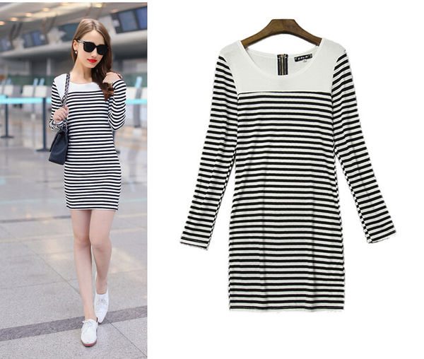 BlackLongSleeveStripedZipperFittedMiniDresses-ZME082215BA