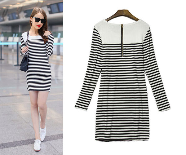 BlackLongSleeveStripedZipperFittedMiniDresses-ZME082215BA