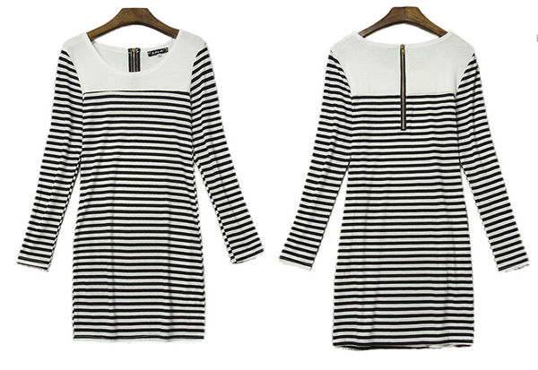 BlackLongSleeveStripedZipperFittedMiniDresses-ZME082215BA