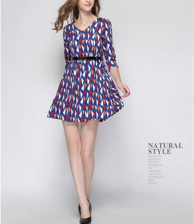 BlueCasualWomenDressesPrintingV-NeckCocktailDresses-ZME083122BU