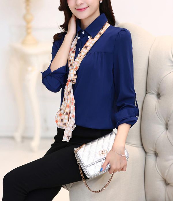 BlueFashionLongSleeveSingle-breastedBlouse-ZME082602BU