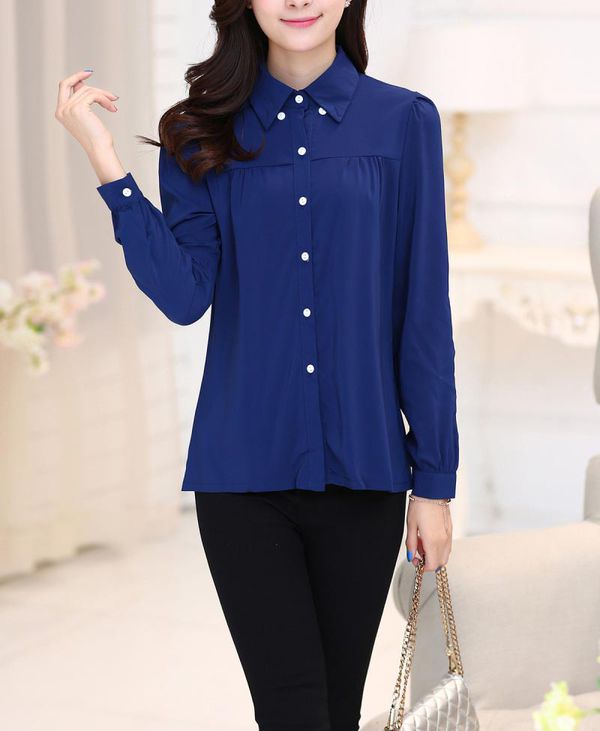 BlueFashionLongSleeveSingle-breastedBlouse-ZME082602BU