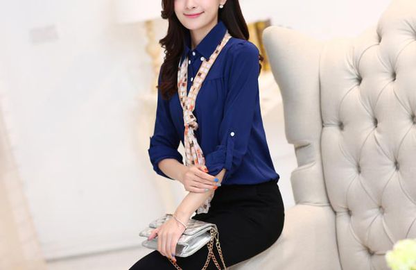 BlueFashionLongSleeveSingle-breastedBlouse-ZME082602BU