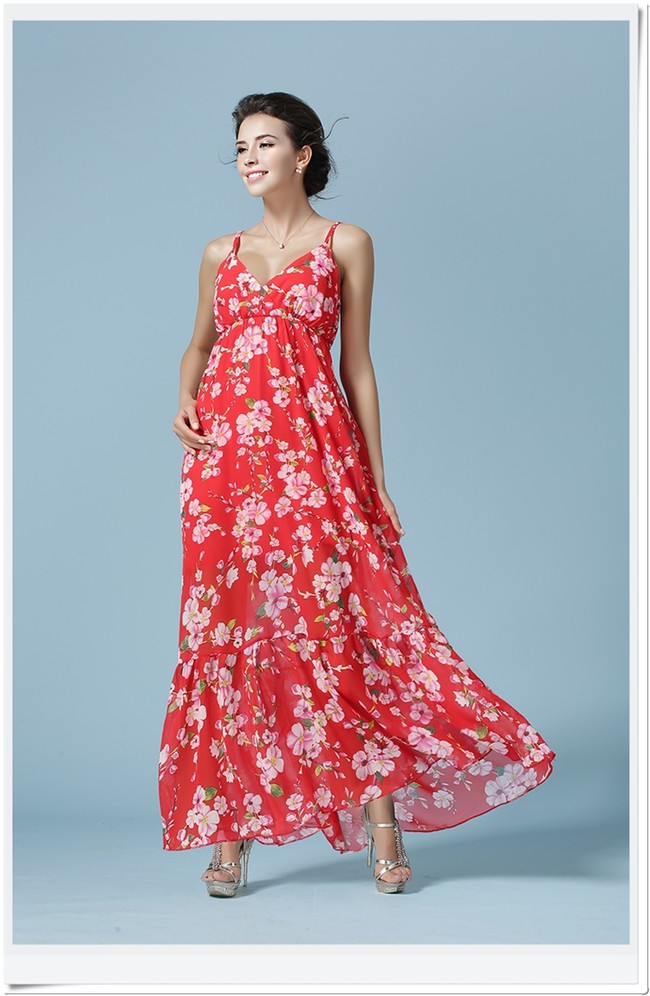 BohemianWomenV-NeckFloralPrintedRedHigh-WaistedDress-ZME070910RD