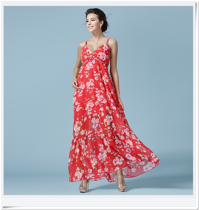 BohemianWomenV-NeckFloralPrintedRedHigh-WaistedDress-ZME070910RD