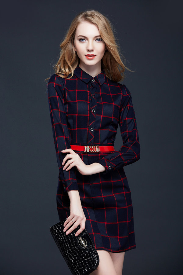 BritishFashionKoreanWomenPoloNeckPlaidPatternRedA-LineDresses-ZME102755RD