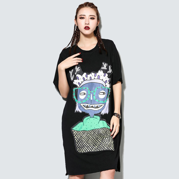 CartoonPrintCrewNeckLooseSlitCasualDress-TZK070101BA