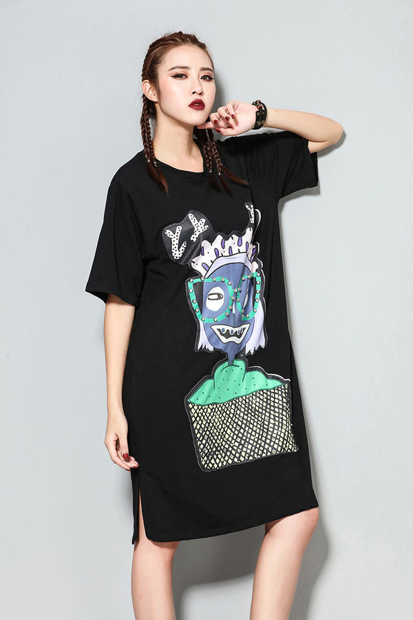 CartoonPrintCrewNeckLooseSlitCasualDress-TZK070101BA