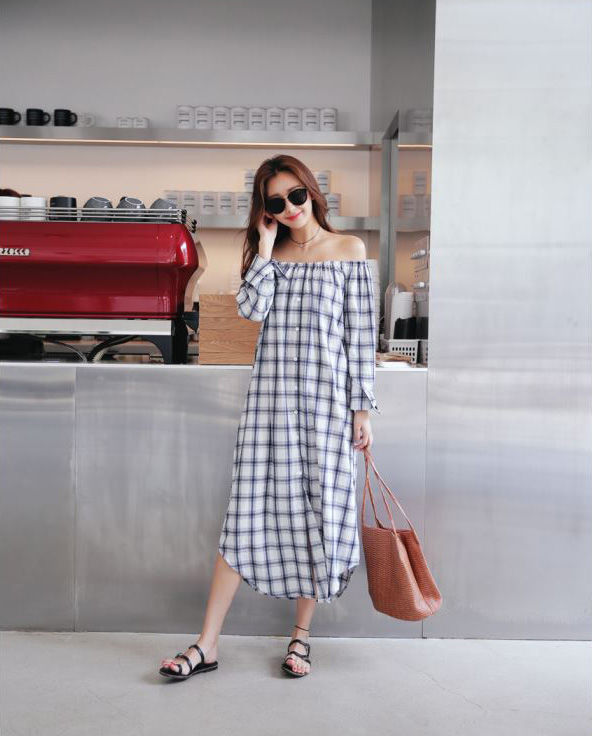 CasualBoatNeckPlaidlack-upLongDresses-TZK082409BU