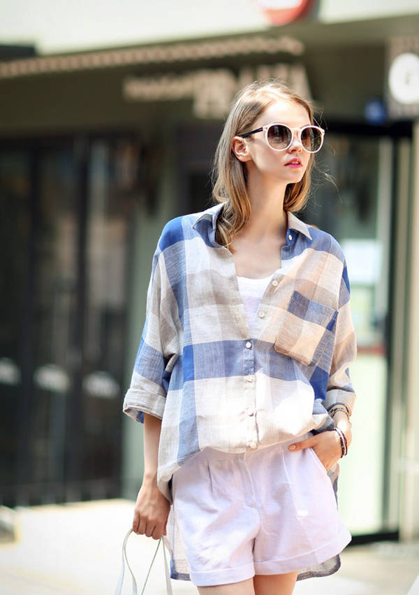 CasualElegantWomenPlaidPrintingLooseLongSleeveBlouse-ZFE080541