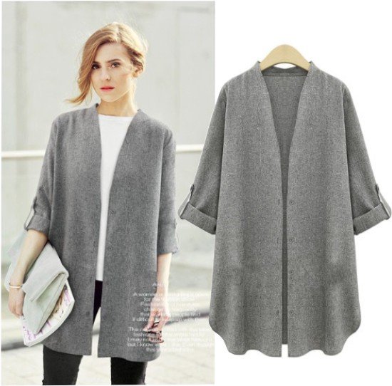 CasualEuropeanFashionEasyMatchedCardiganThreeQuarterSleeveSolidCollarLongCoat-ME091415