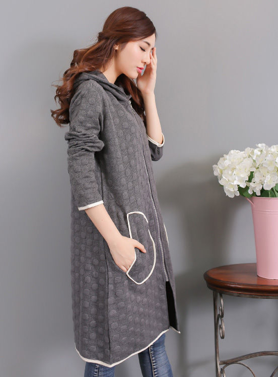 CasualLookLongSleeveSolidDotPrintSlimHoodedLongCoat-XFE092145