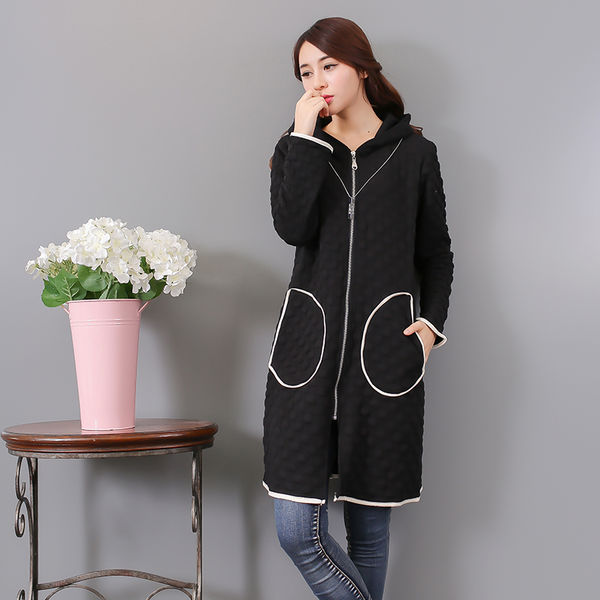 CasualLookLongSleeveSolidDotPrintSlimHoodedLongCoat-XFE092145