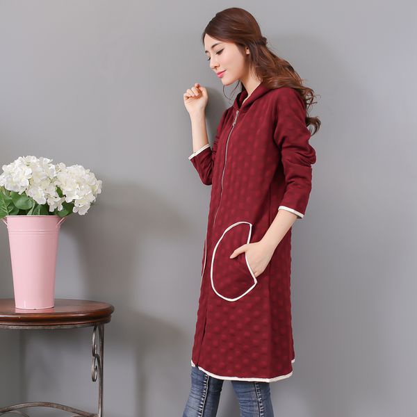 CasualLookLongSleeveSolidDotPrintSlimHoodedLongCoat-XFE092145