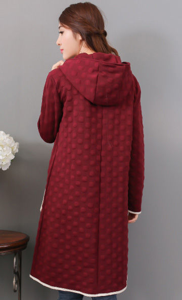 CasualLookLongSleeveSolidDotPrintSlimHoodedLongCoat-XFE092145