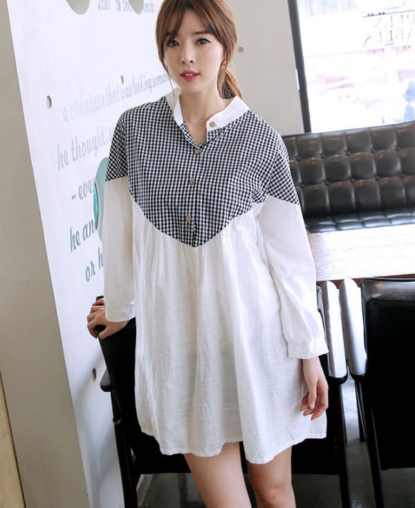 CasualLoose-fittingWhiteCheckeredPrintSplitLongSleeveWomenWhiteBlouse-XFE120823WI